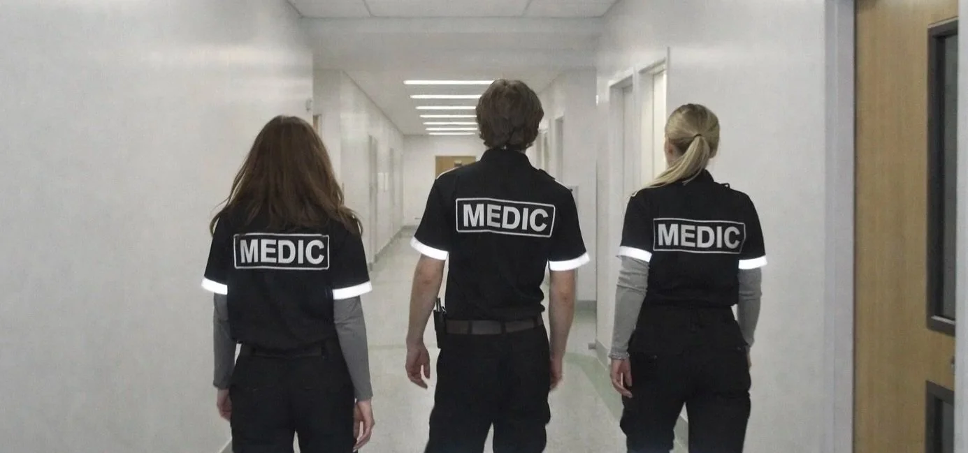 Three Aventry Medical medics, two women and one man, walking down a hospital corridor from behind, wearing black shirts with 'MEDIC' written on the back, and reflective strips on their sleeves.