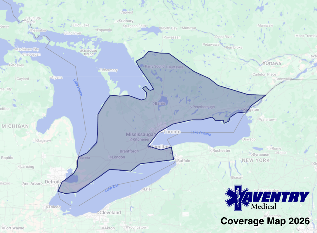 Map showing emergency medical coverage area for AVENTRY Medical in 2026, covering parts of Ontario, Lake Ontario, and surrounding regions.