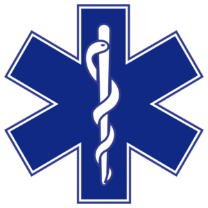 Medical symbol with a rod of Asclepius inside a blue star of life.
