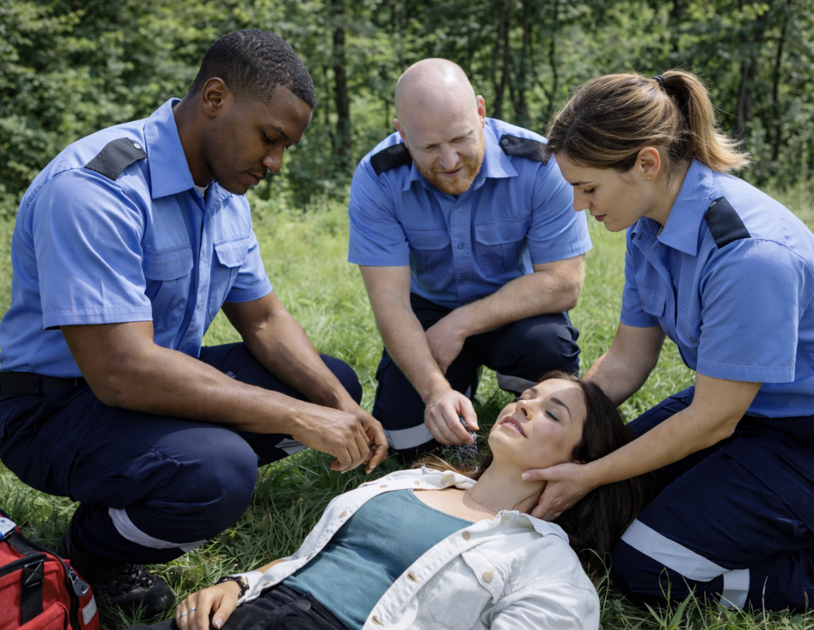Three emergency responders are providing first aid to a woman lying on the grass in a wooded area.