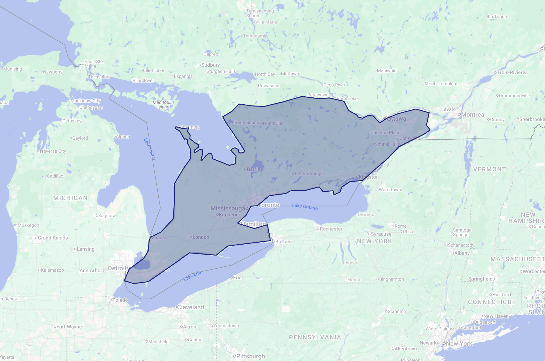 Map showing the Great Lakes region, including lakes Erie, Ontario, Huron, Michigan, and Superior, with parts of Canada and the United States visible.