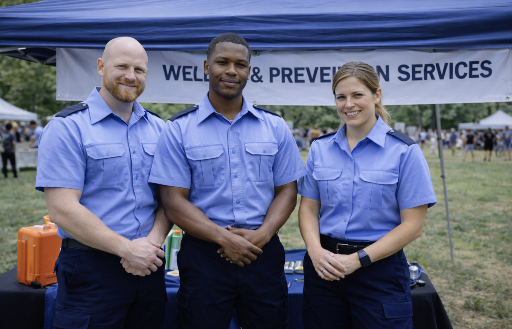 Three uniformed safety or health services personnel standing in front of a booth at an outdoor event.