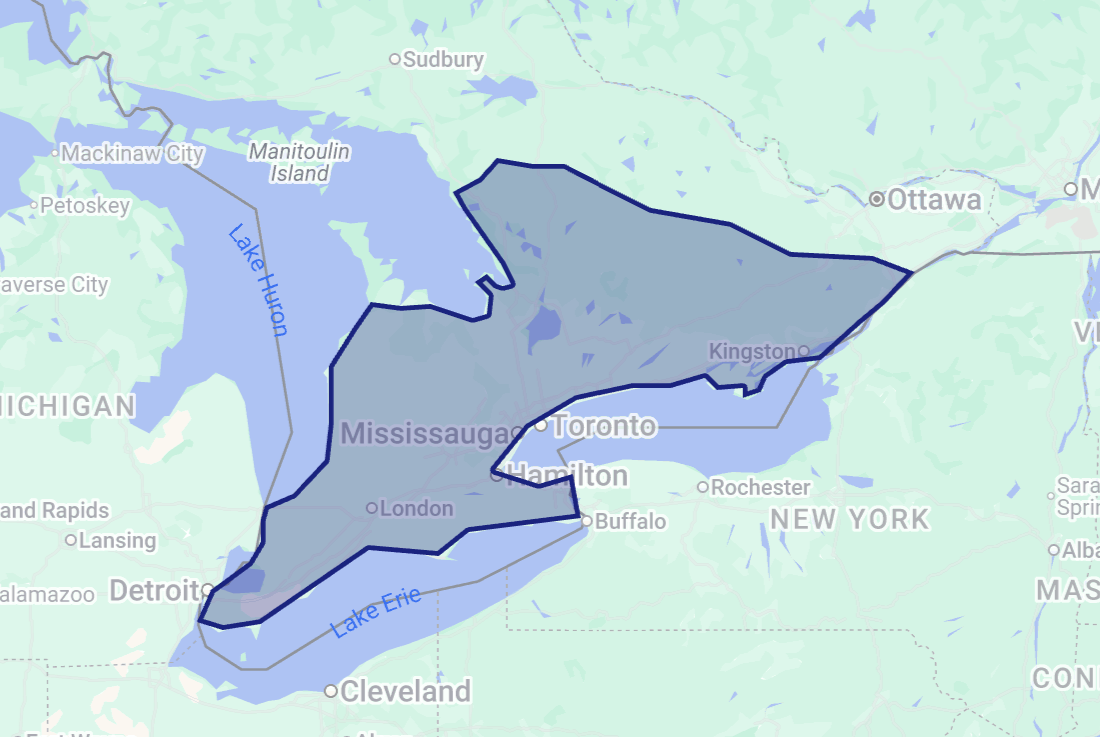 Map showing the boundary Aventry's coverage area in Southern Ontario.