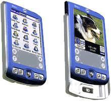 The Zire 71 was the first Palm handset with a built-in camera. Sliding the device open reveals the camera lens and launches the camera app.