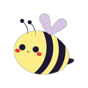 Cute cartoon bee with yellow and black stripes, smiling face, and purple wings.