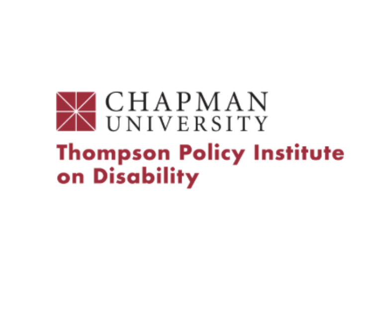 Logo of Chapman University, Thompson Policy Institute on Disability, featuring a red square with a black center, and text in black and red.