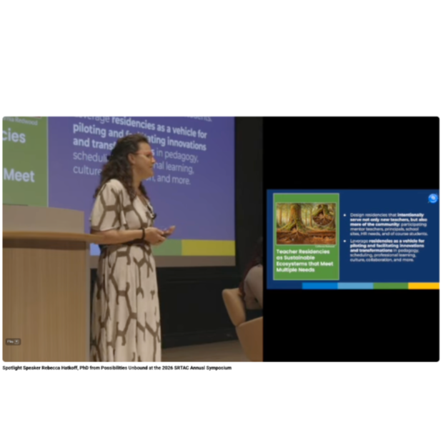 Slide presentation titled 'Teacher Residencies as Sustainable Systems' by Rebecca Hatkoff, PhD, with logos of Possibilities Unbound and other organizations, and a map of California counties highlighted in yellow, blue, and green.