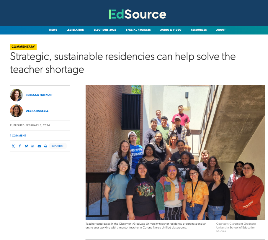 Screenshot of EdSource website featuring a headline about sustainable residences helping solve teacher shortage, with a photo of a group of teachers standing outside a building.