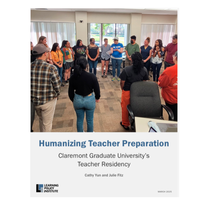 Cover of LPI report featuring a group of diverse individuals standing in a circle inside a room with large windows, participating in a workshop or training session.