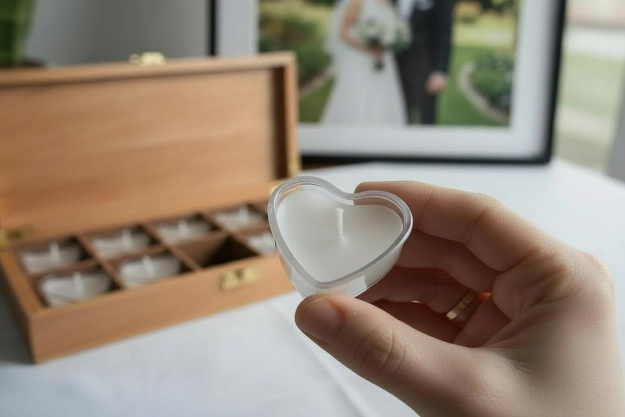 alt="Heart-shaped votive candle angled close-up"