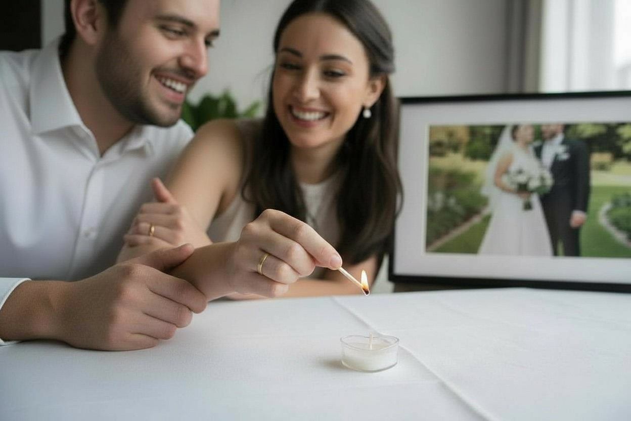 alt="Couple lighting an anniversary candle at home"