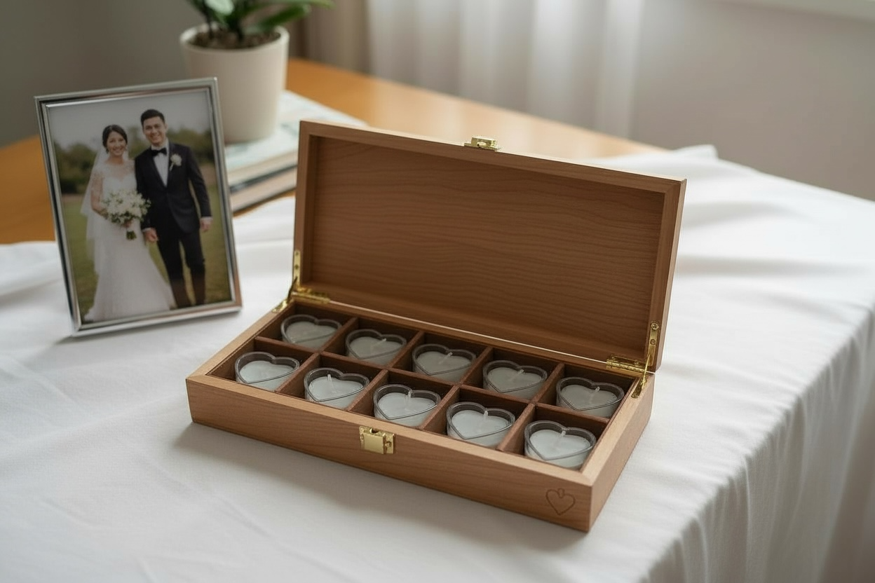 alt="Cherry wood keepsake box with ten heart-shaped votive candles"