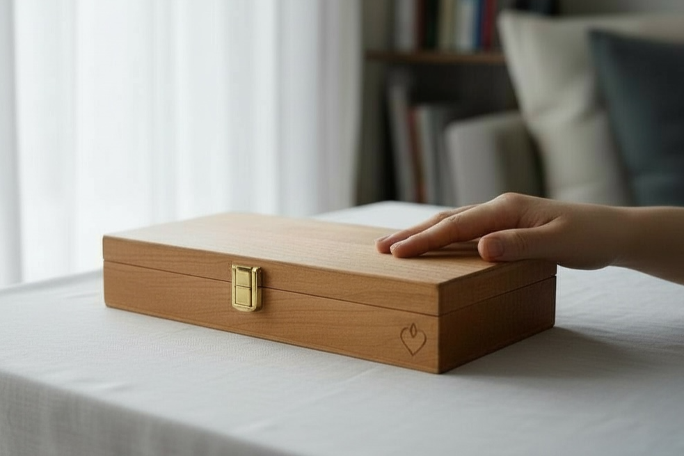 alt="Front view of finished heart-shaped candles in keepsake box"