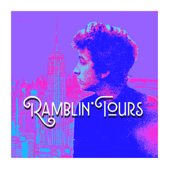 A stylized, colorful graphic featuring a side profile of a woman with curly hair in front of the New York City skyline, with the text "Ramblin' Tours" in decorative font.