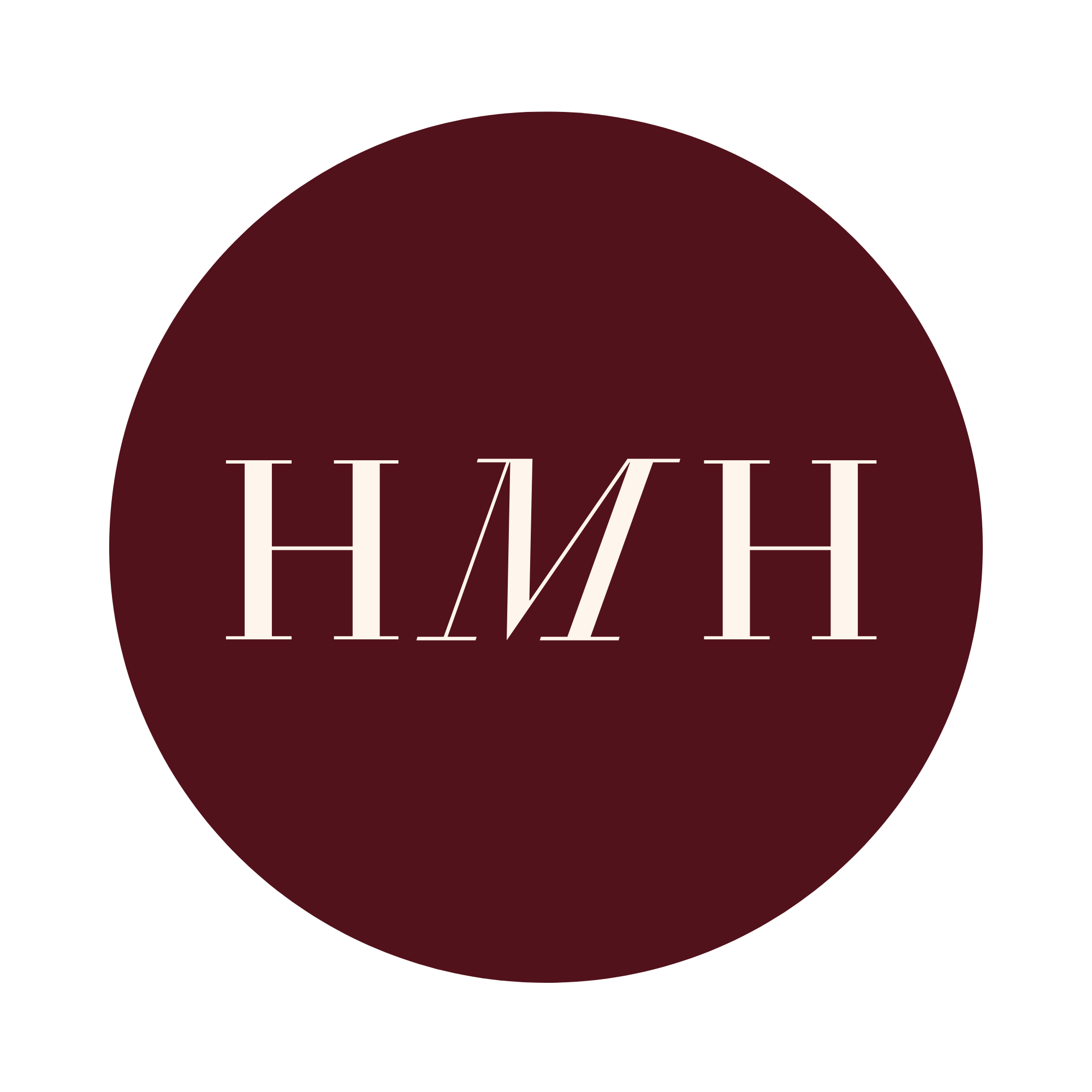 A circular logo with a dark red background and white text that reads 'HMH' in a stylized font.