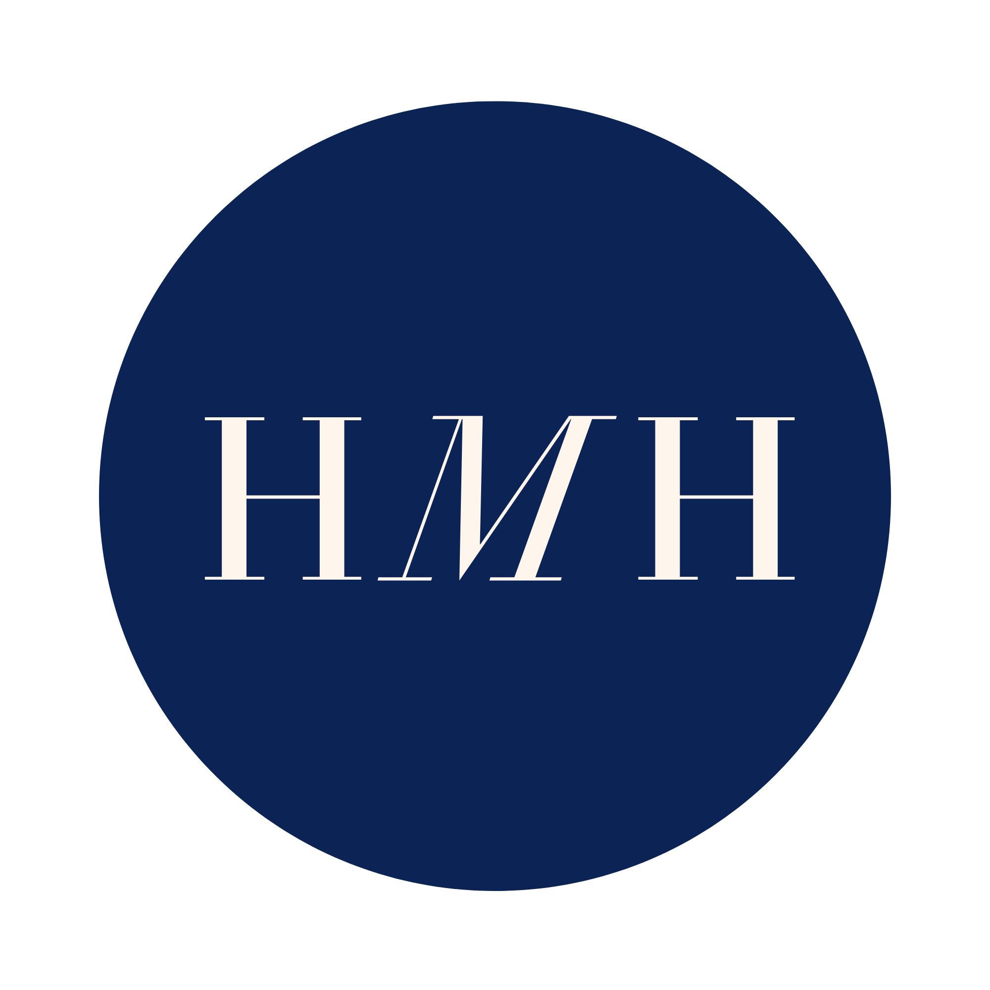 Close-up of a circular blue logo with the word 'HMH' in white, stylized in a modern font.