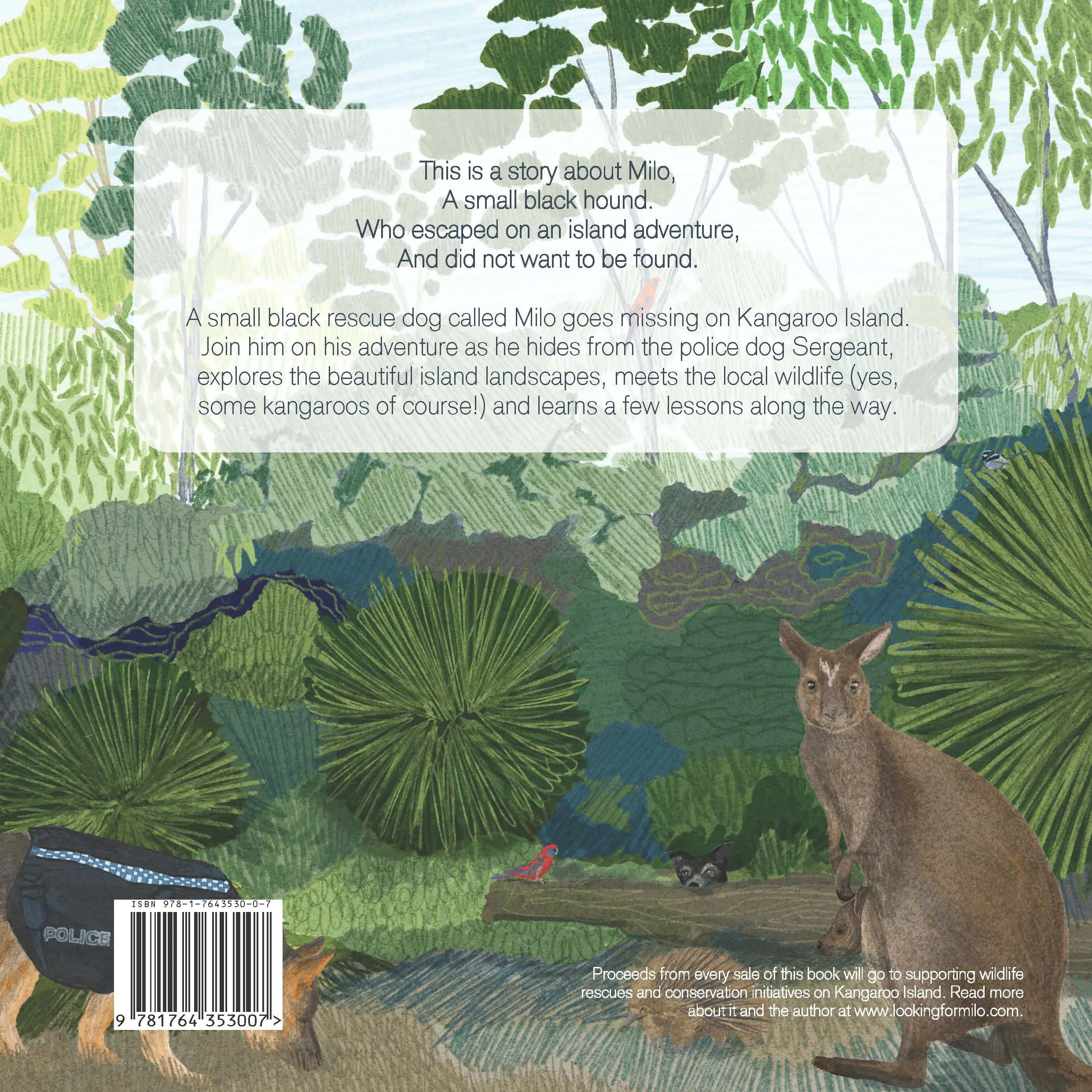 Illustration of Kangaroo Island's lush green landscape with various animals including a kangaroo, a small rescue dog, a bird, a possum, and a lizard, with a white text box explaining a story about Milo, a small black rescue dog.