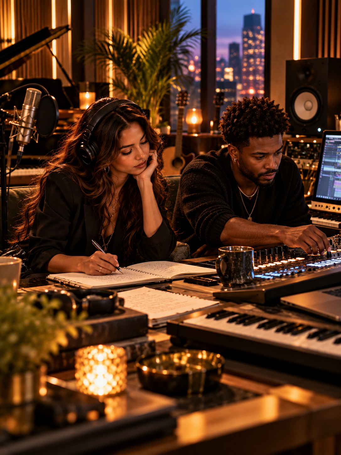 Music production studio with a digital mixing console, studio monitors, and colorful ambient lighting.