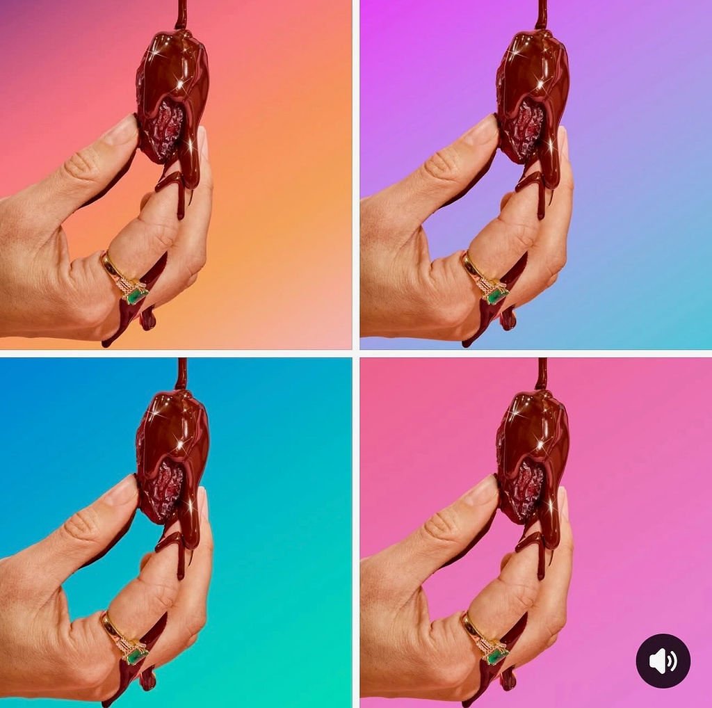 Hand holding an open date fruit covered in chocolate with colorful gradient background in four quadrants.