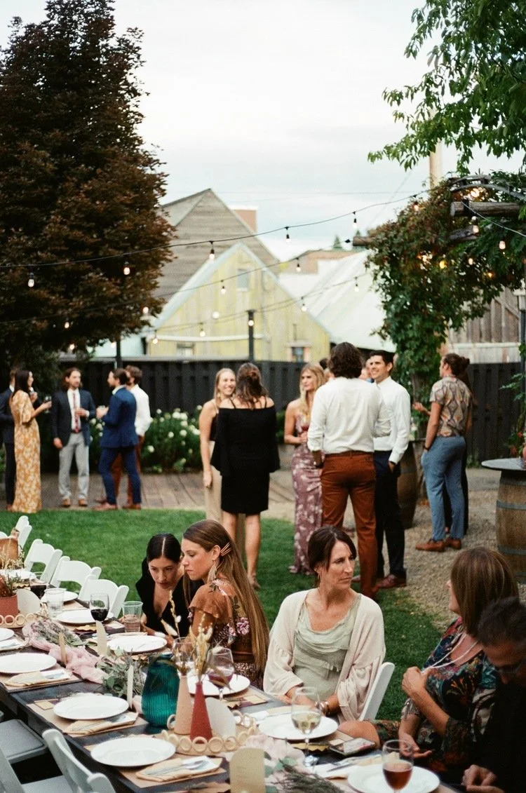 An image of an outdoor wedding reception in Roslyn, WA. StoneHouse101 is an intimate indoor outdoor events venue in Roslyn, Washington, hosting weddings, birthdays, anniversaries, and more near Cle Elum, WA.