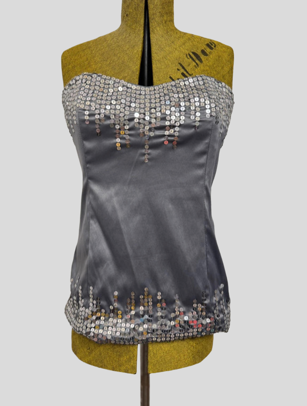 Vintage Y2K New Look Gray/Silver Satin Sequin Strapless Bustier Corset Top Size 14