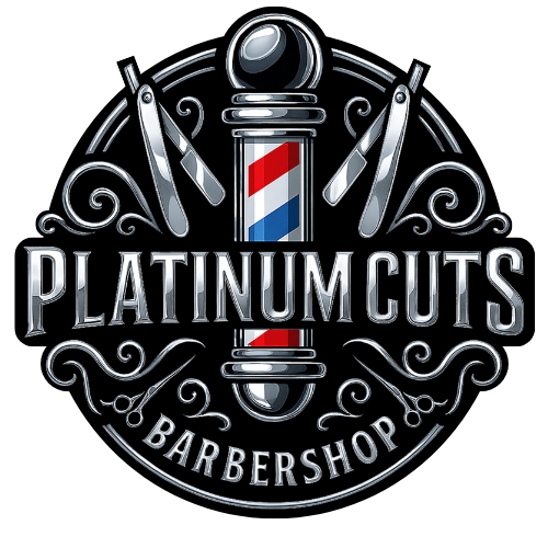 Logo for Platinum Cuts Barbershop featuring a barber pole and scissors with decorative swirls.