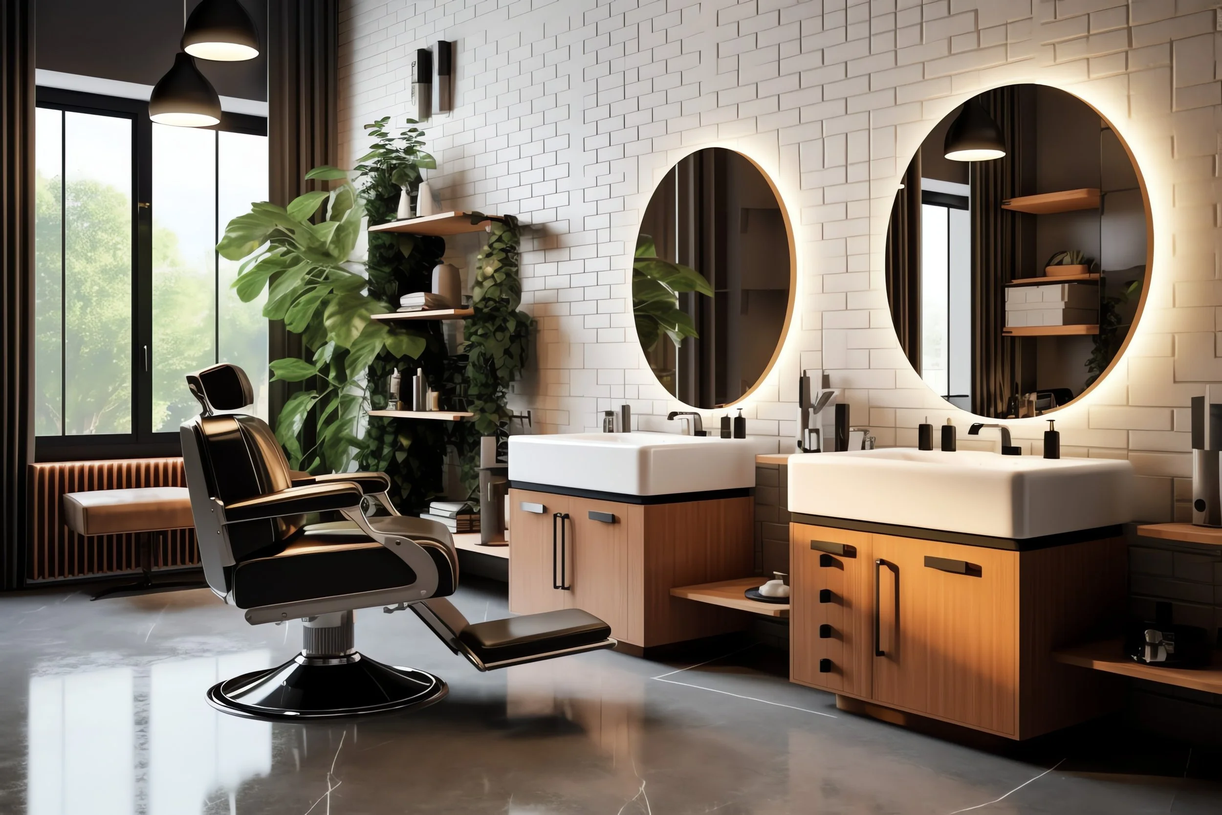 Modern barber shop or salon with two large round illuminated mirrors, double sinks, black faucets, black soap dispensers, wooden cabinets, black chair, and large window with natural light and green trees outside.