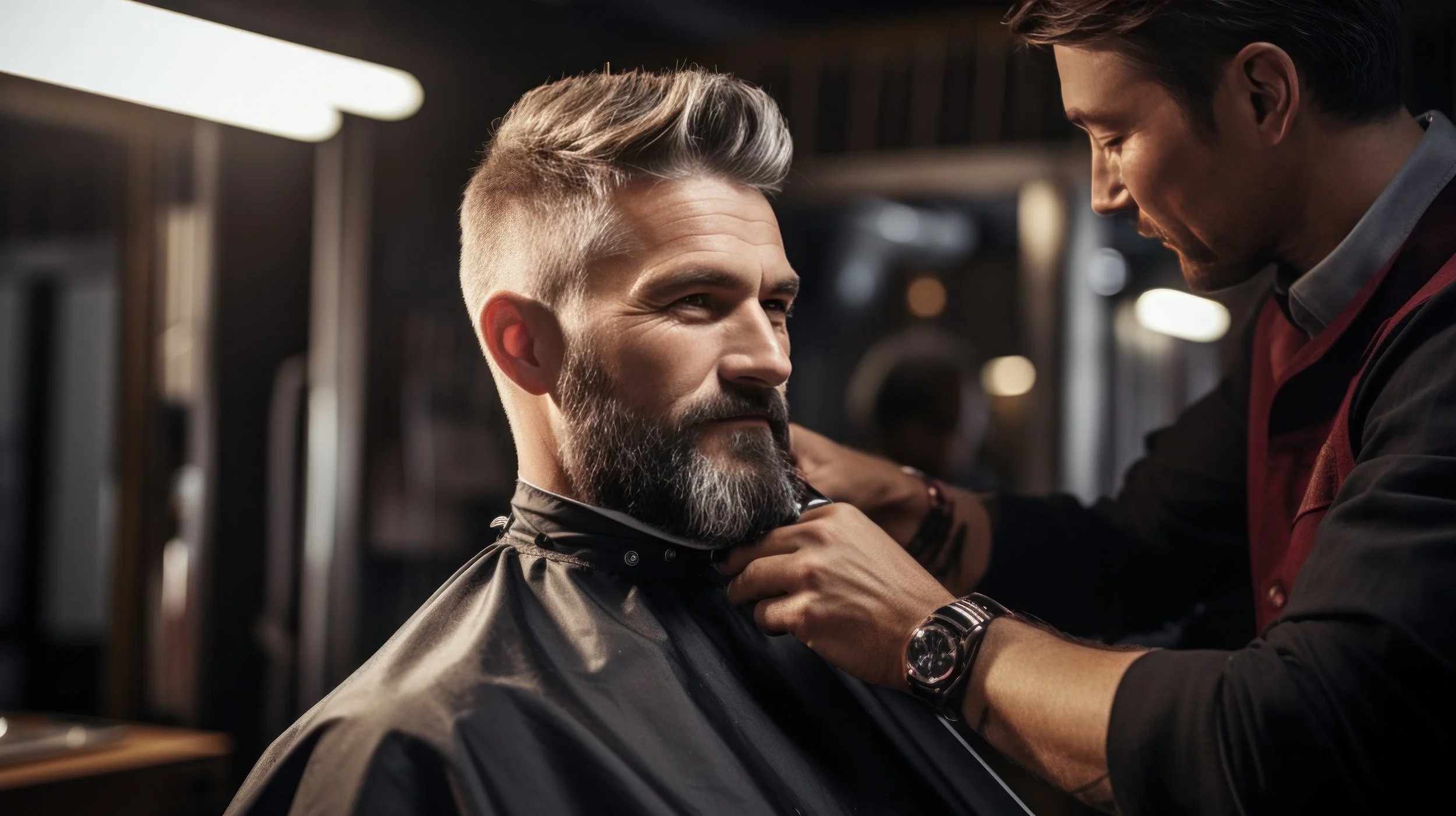 Man receiving a haircut in a barbershop, seated with a barber adjusting his cape, smiling slightly at camera.
