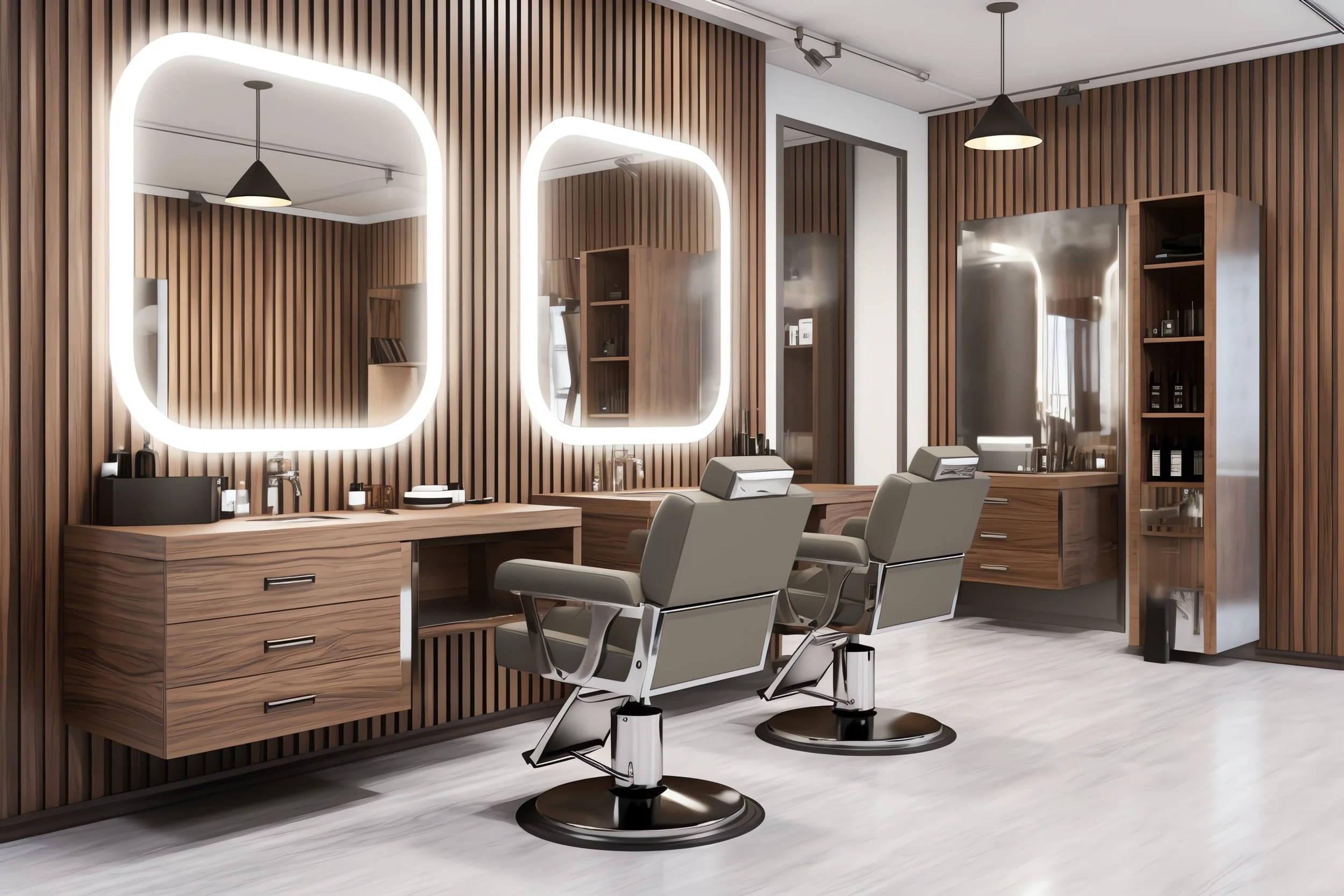 Modern barbershop interior with wood paneling, illuminated mirrors, chairs, and salon equipment.