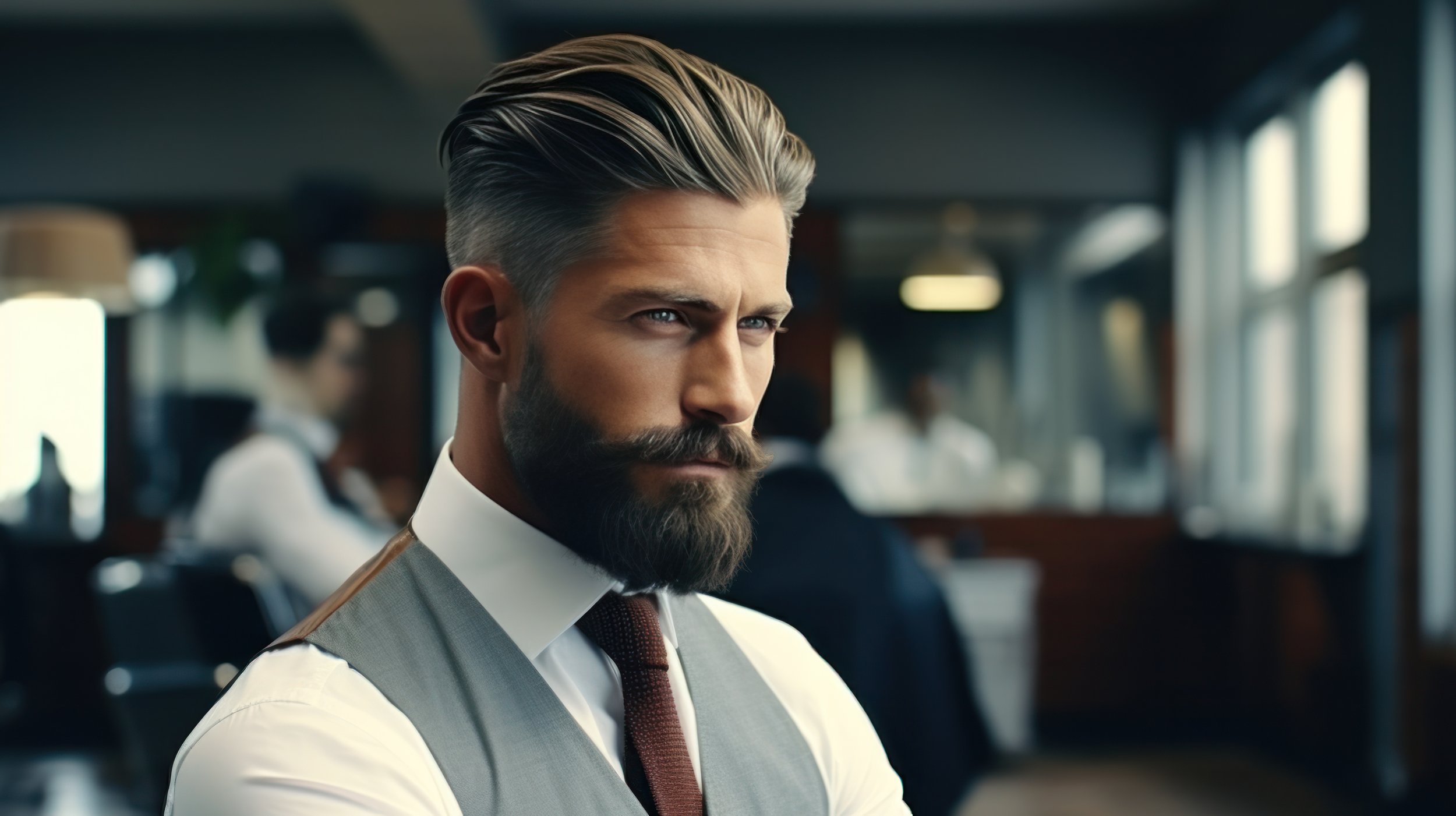 A man with a beard and styled hair, dressed in a vest, white shirt, and tie, sitting in a modern office or cafe, with a serious expression.