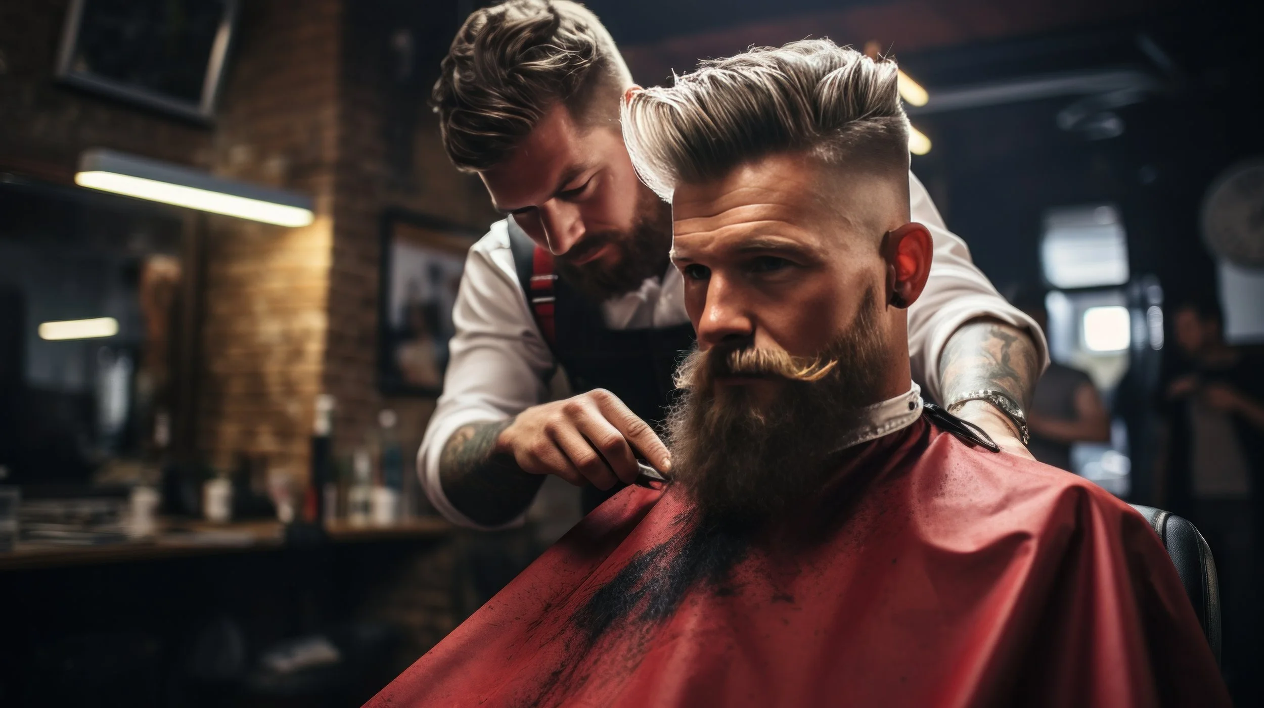 A barber giving a haircut to a customer in a modern barbershop with brick walls, with the barber focused on trimming the customer's beard.