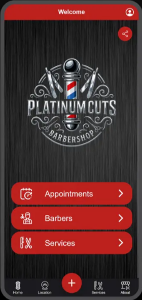 Mobile app screen for Platinum Cuts Barbershop with options for Appointments, Barbers, and Services, featuring a barber pole logo and a red and black theme.