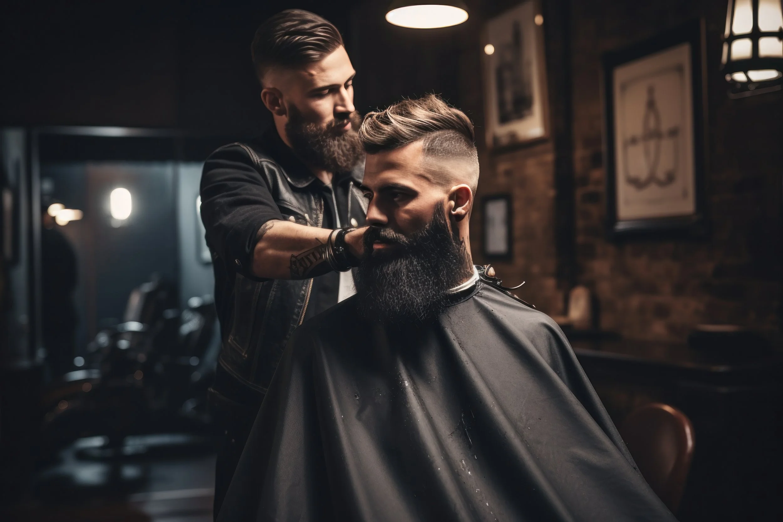 A man with a styled haircut and beard getting a haircut at a barbershop from a barber with a beard, while wearing a black shirt. The barbershop has warm lighting and framed pictures on the brick wall behind them.