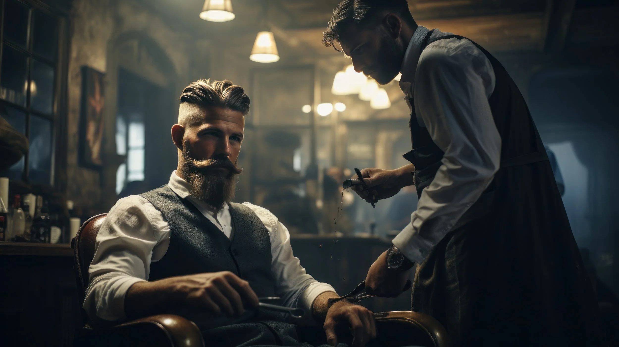 A man with a well-groomed beard and styled hair sitting in a vintage barber chair while a barber prepares to shave him with a straight razor in a dimly lit barbershop.