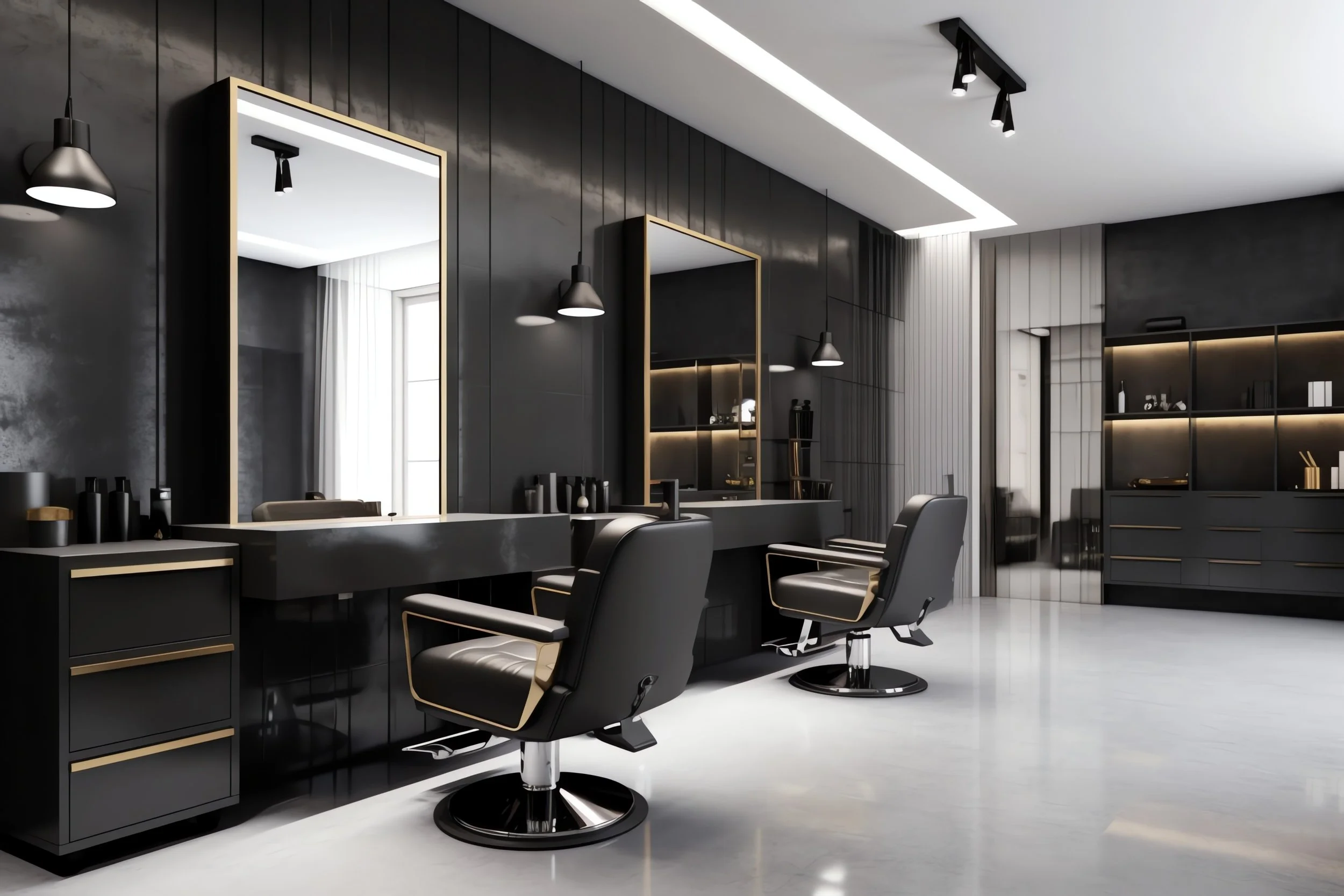 Modern black hair salon with styling stations, large mirrors, black salon chairs, and illuminated shelves on the wall.