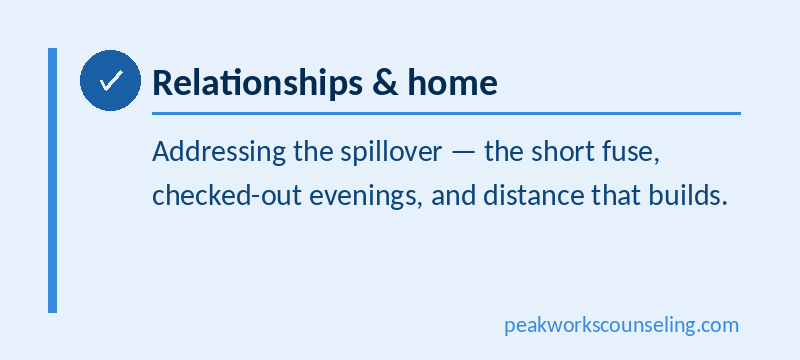 Relationships & home, addressing the spillover - the short fuse, checked-out evenings, and distance that builds.