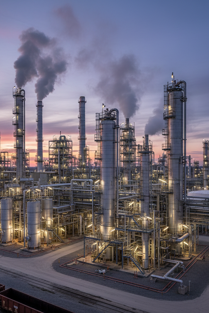 Industrial oil refinery with tall distillation columns releasing smoke at sunset.