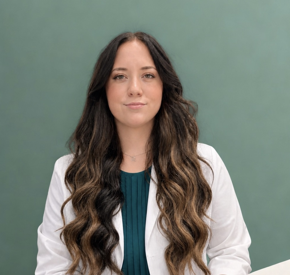 A young woman with long wavy brown hair and light skin, wearing a white coat and a teal top, sitting against a green background.