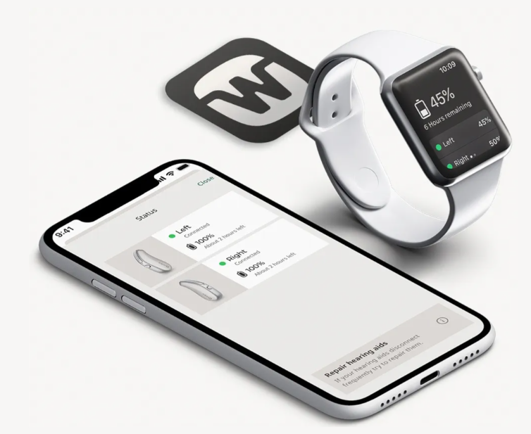 A smartphone displays a hearing aid management app with two hearing aids listed, showing 100% battery and left and right labels. A smartwatch nearby shows 45% battery with six hours remaining, and a WeChat logo is in the background.