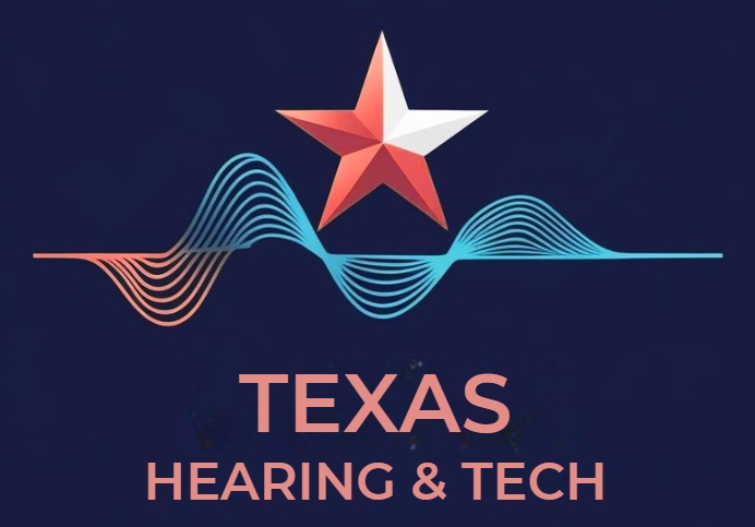Logo for Texas Hearing & Tech featuring a red, white, and blue star above sound wave lines on a dark background.