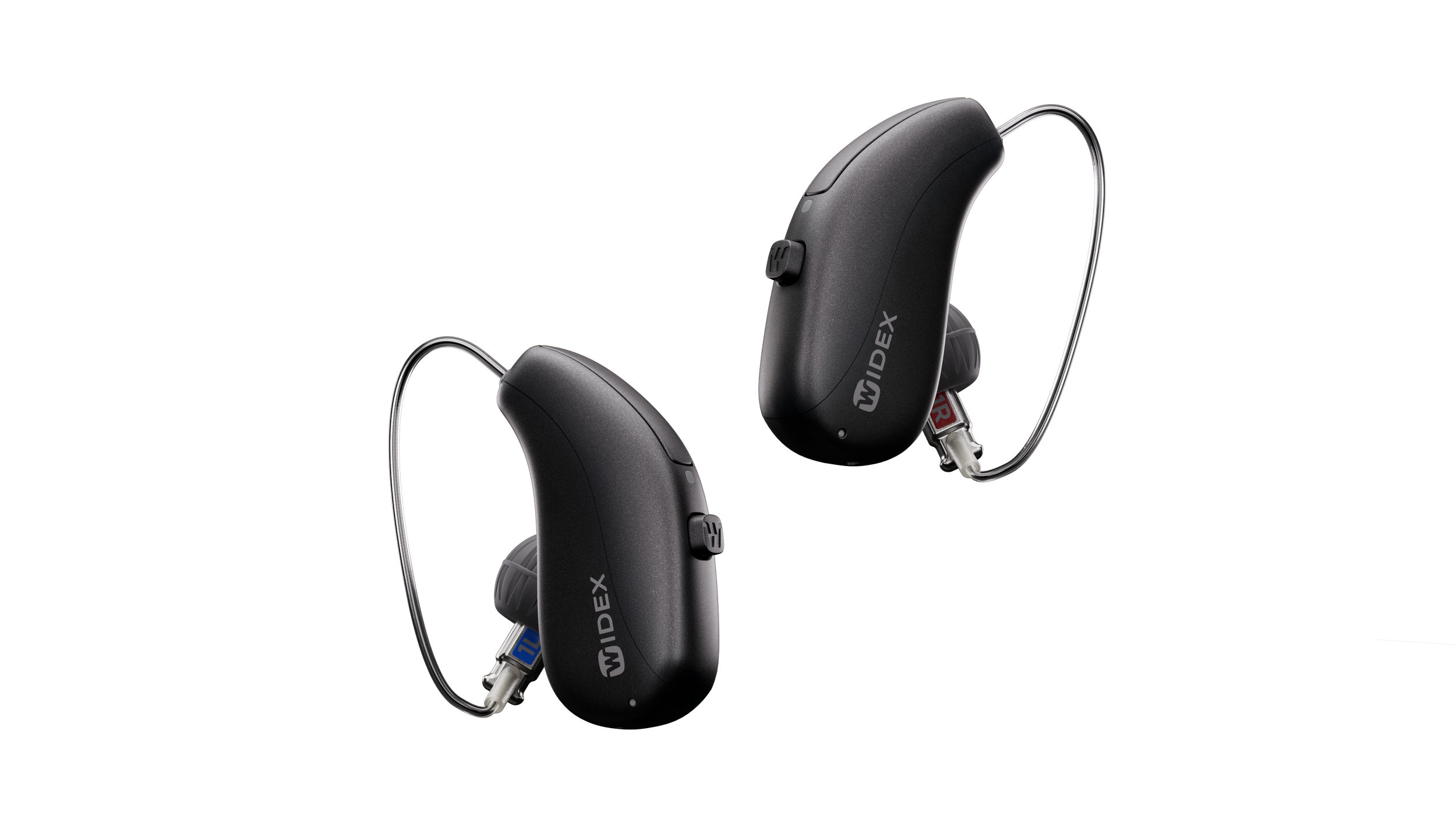 Behind-the-ear hearing aids labeled 'WIDEX' connected with thin wires.