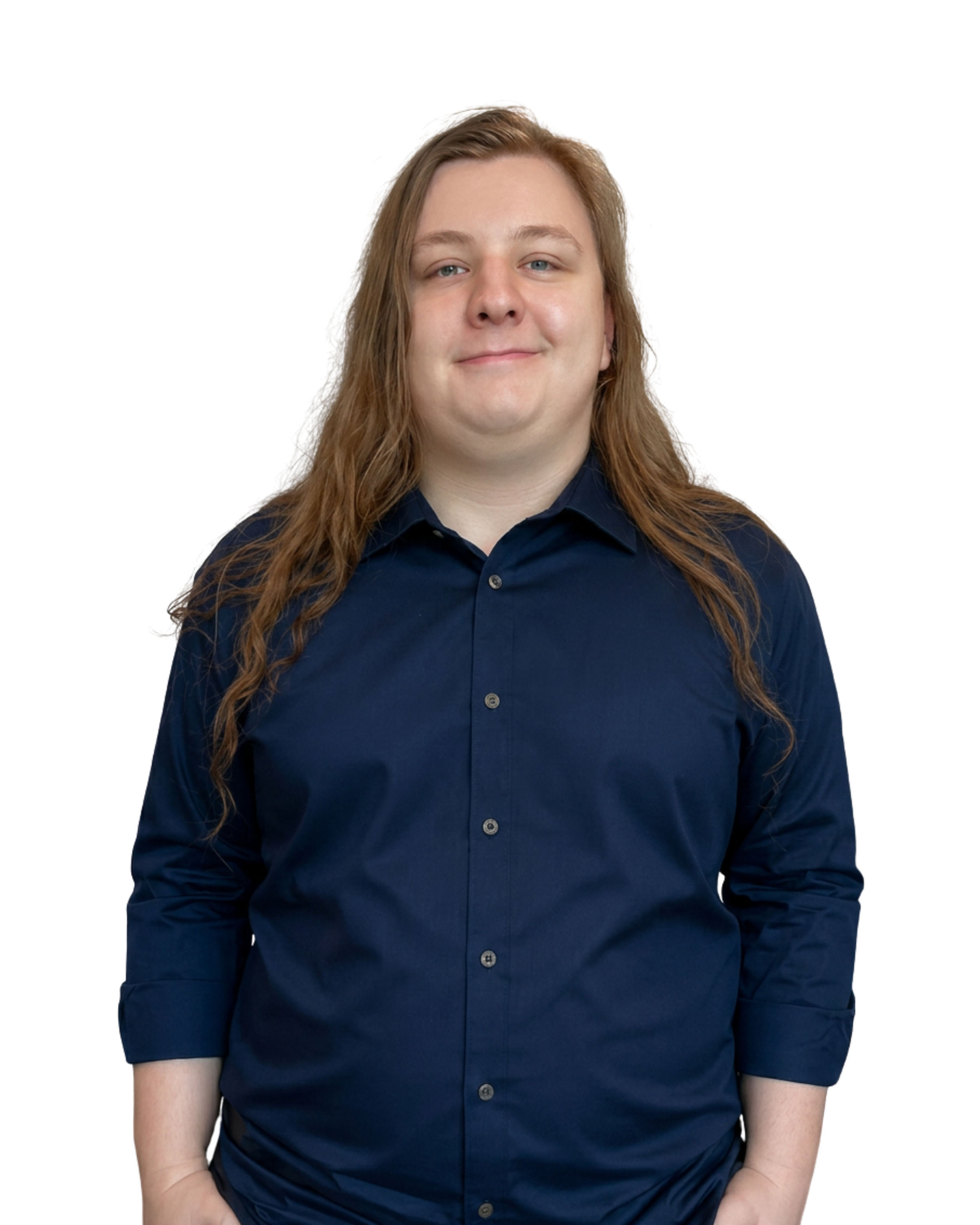 A person with long, light brown hair wearing a dark blue button-up shirt, smiling slightly against a plain white background.