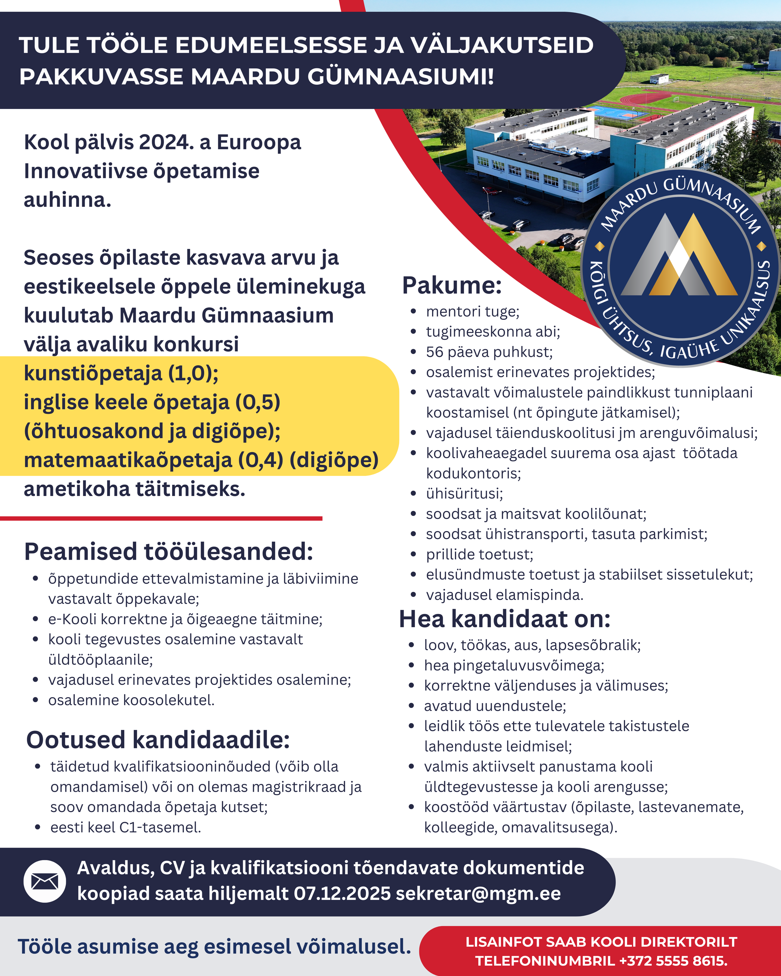 Avalik konkurss erinevate õpetajate ametikohtade täitmiseks