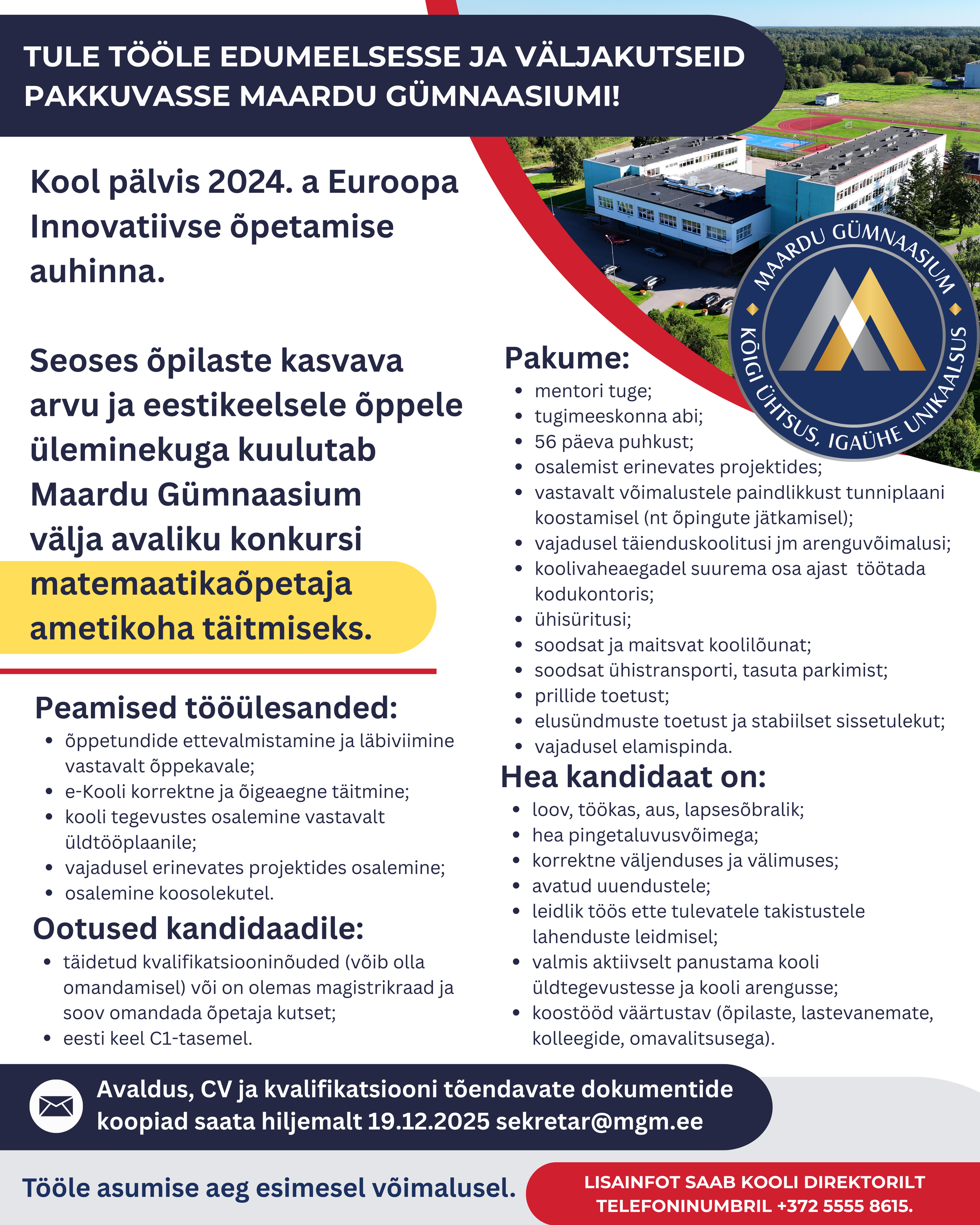 Avalik konkurss matemaatikaõpetaja ametikoha täitmiseks