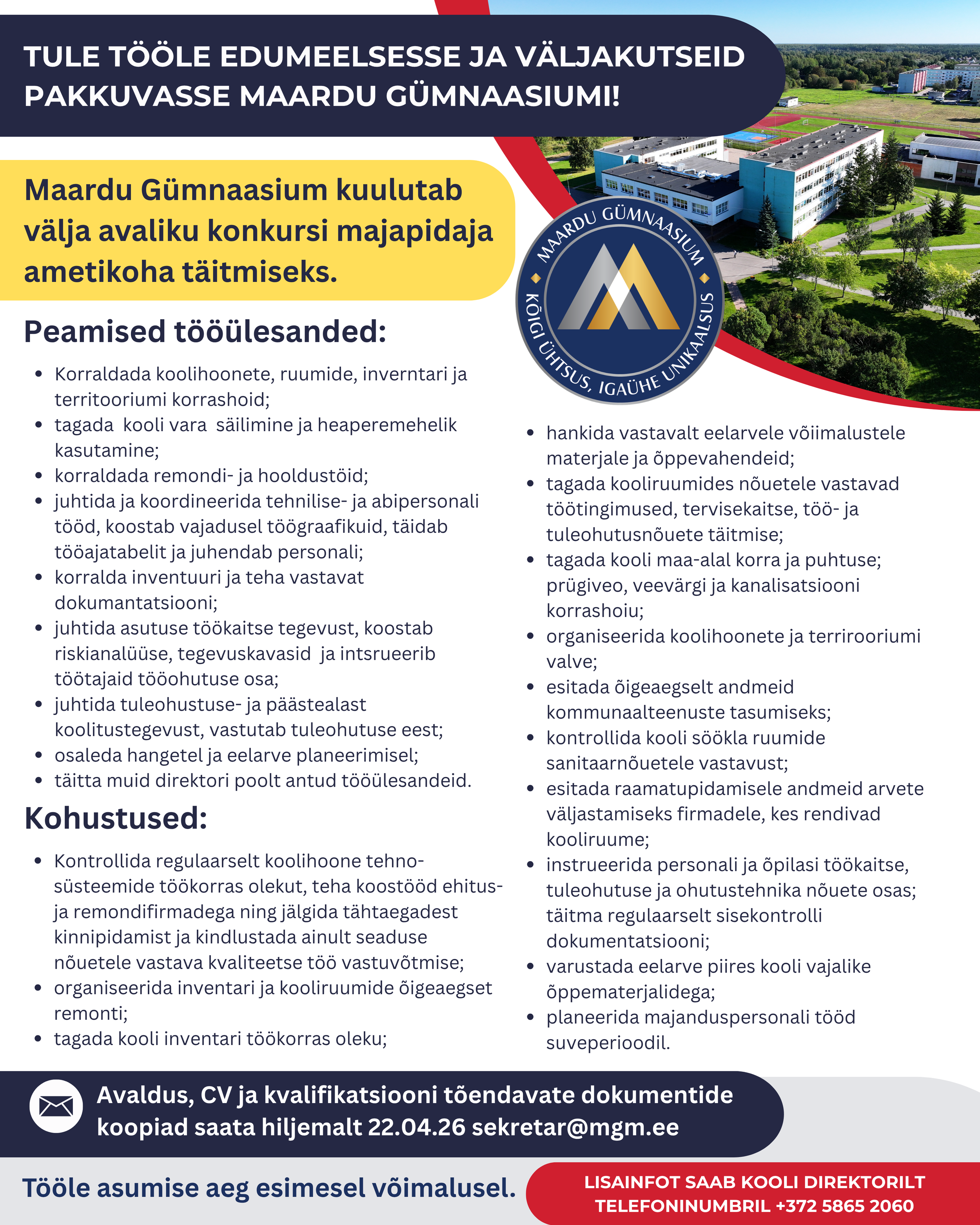 Maardu Gümnaasium kuulutab välja avaliku konkursi majapidaja ametikoha täitmiseks