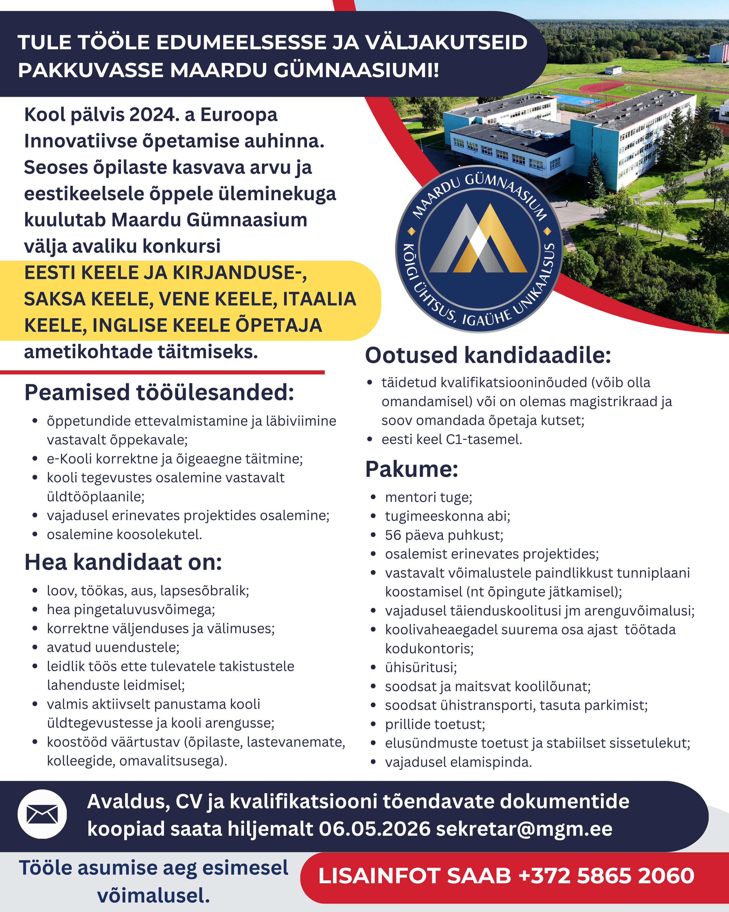 Maardu Gümnaasium kuulutab välja avaliku konkursi eesti keele ja kirjanduse-, saksa keele, vene keele, itaalia keele ja inglise keele õpetajate ametikohtade täitmiseks