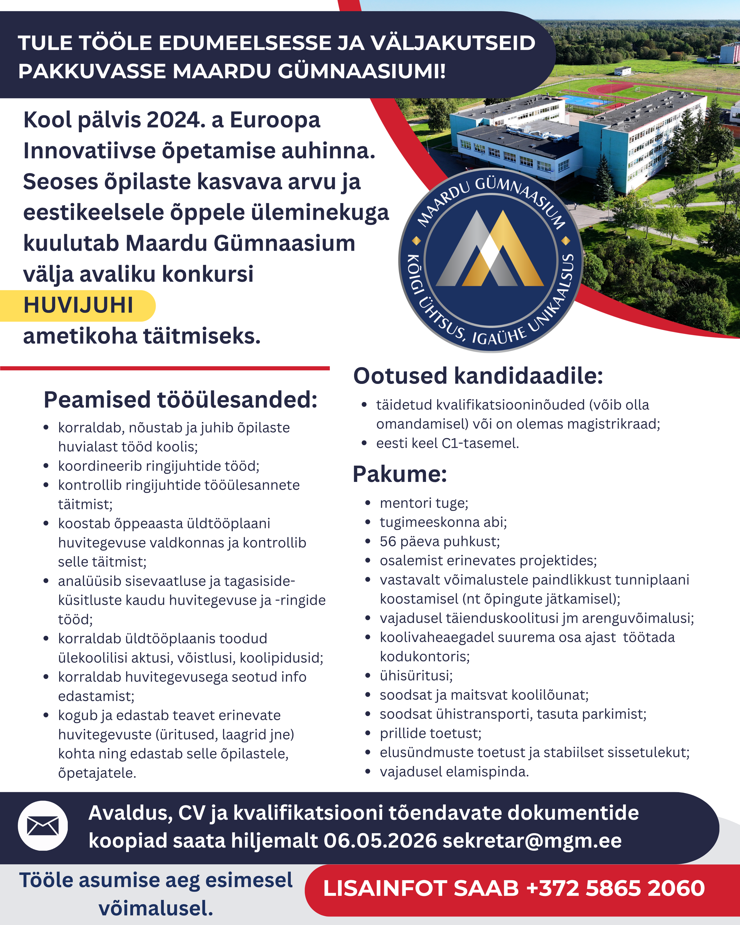 Maardu Gümnaasium kuulutab välja avaliku konkursi HUVIJUHI ametikoha täitmiseks