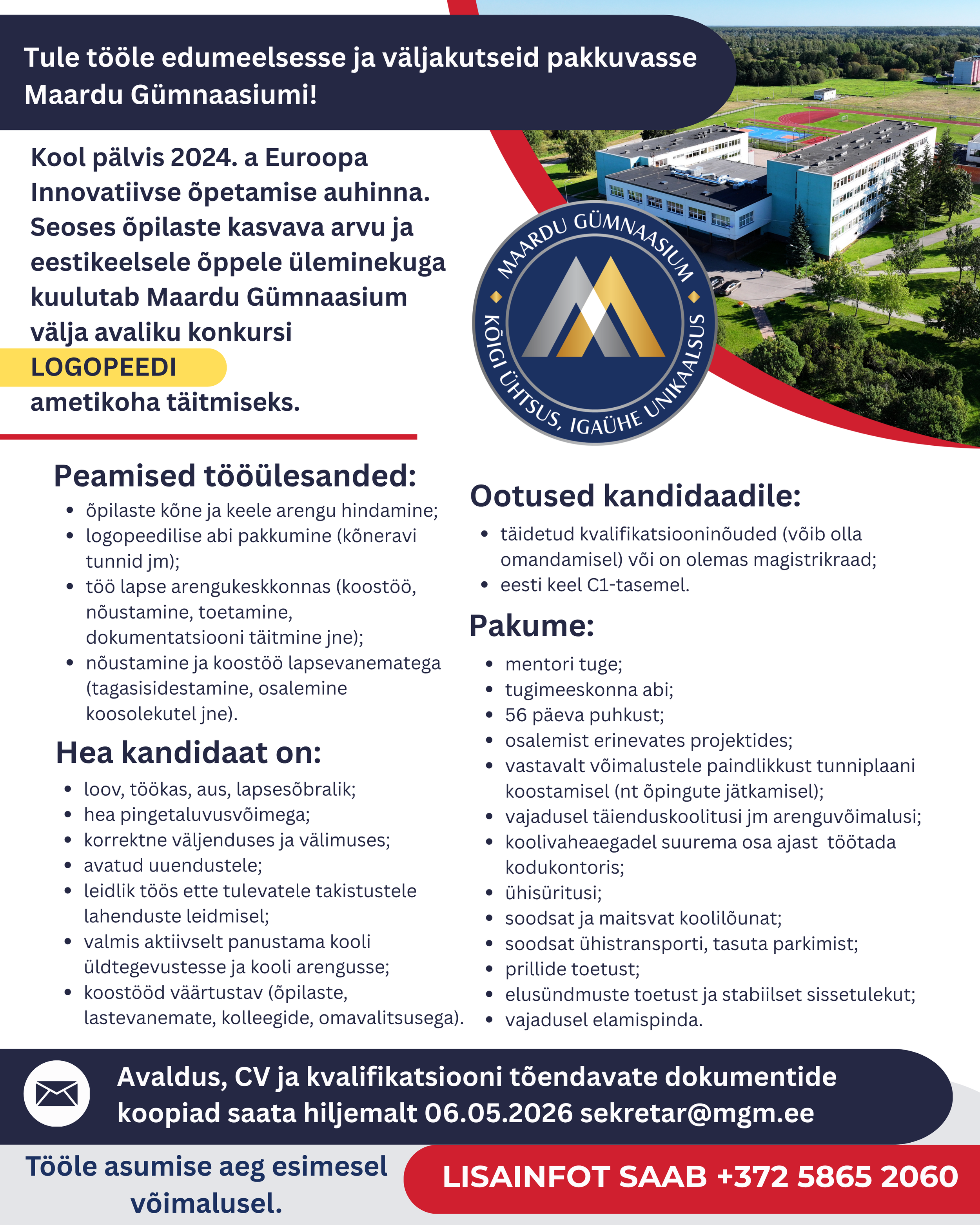 Maardu Gümnaasium kuulutab välja konkursi LOGOPEEDI ametikoha täitmiseks