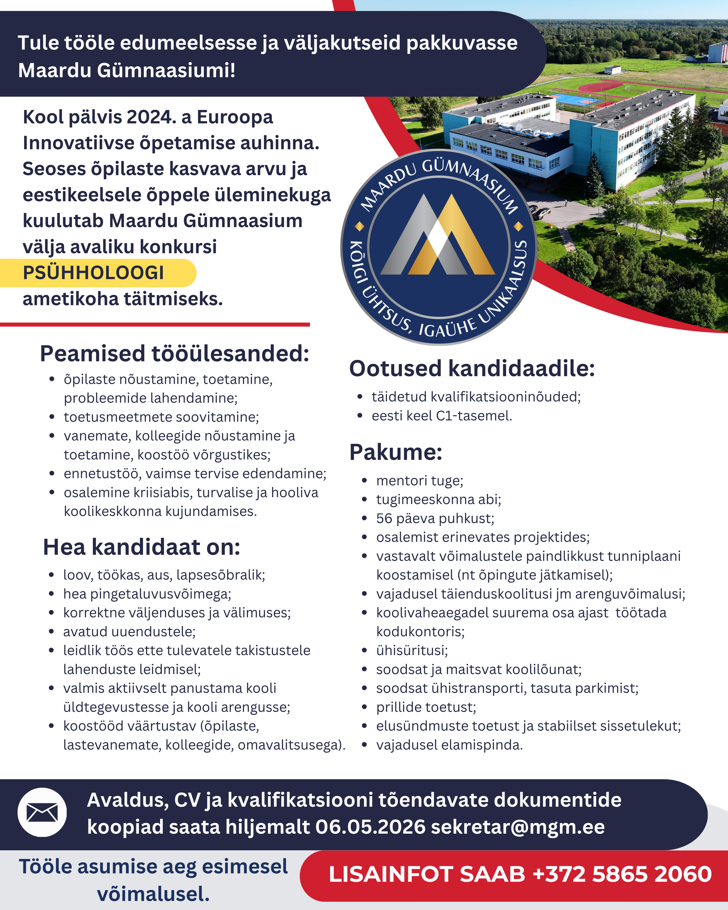 Maardu Gümnaasium kuulutab välja avaliku konkursi PSÜHHOLOOGI ametikoha täitmiseks
