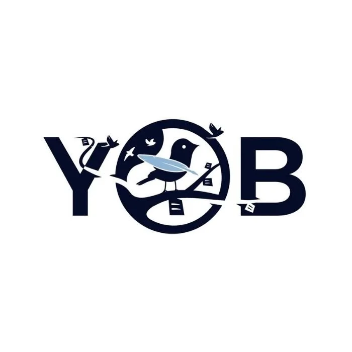 Graphic design of the word 'YOB' with a clock face in place of the letter O, a bird perched on the clock, and small paper planes flying around.